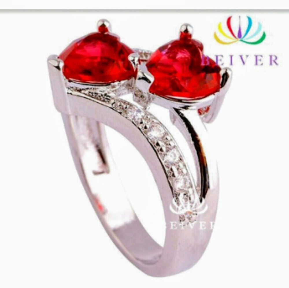 18kt WGP red double heart CZ ring